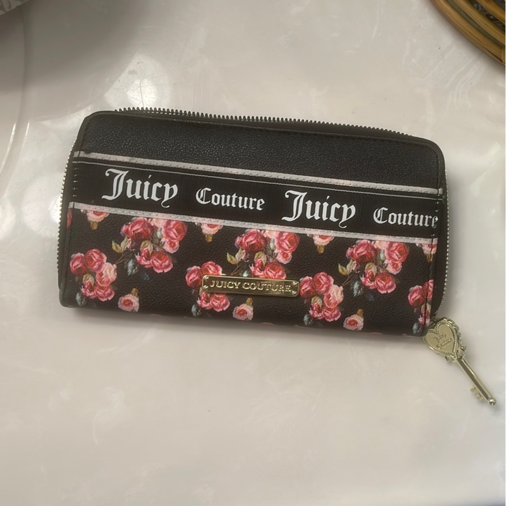 Juicy Couture Black and Pink Floral Zip Wallet